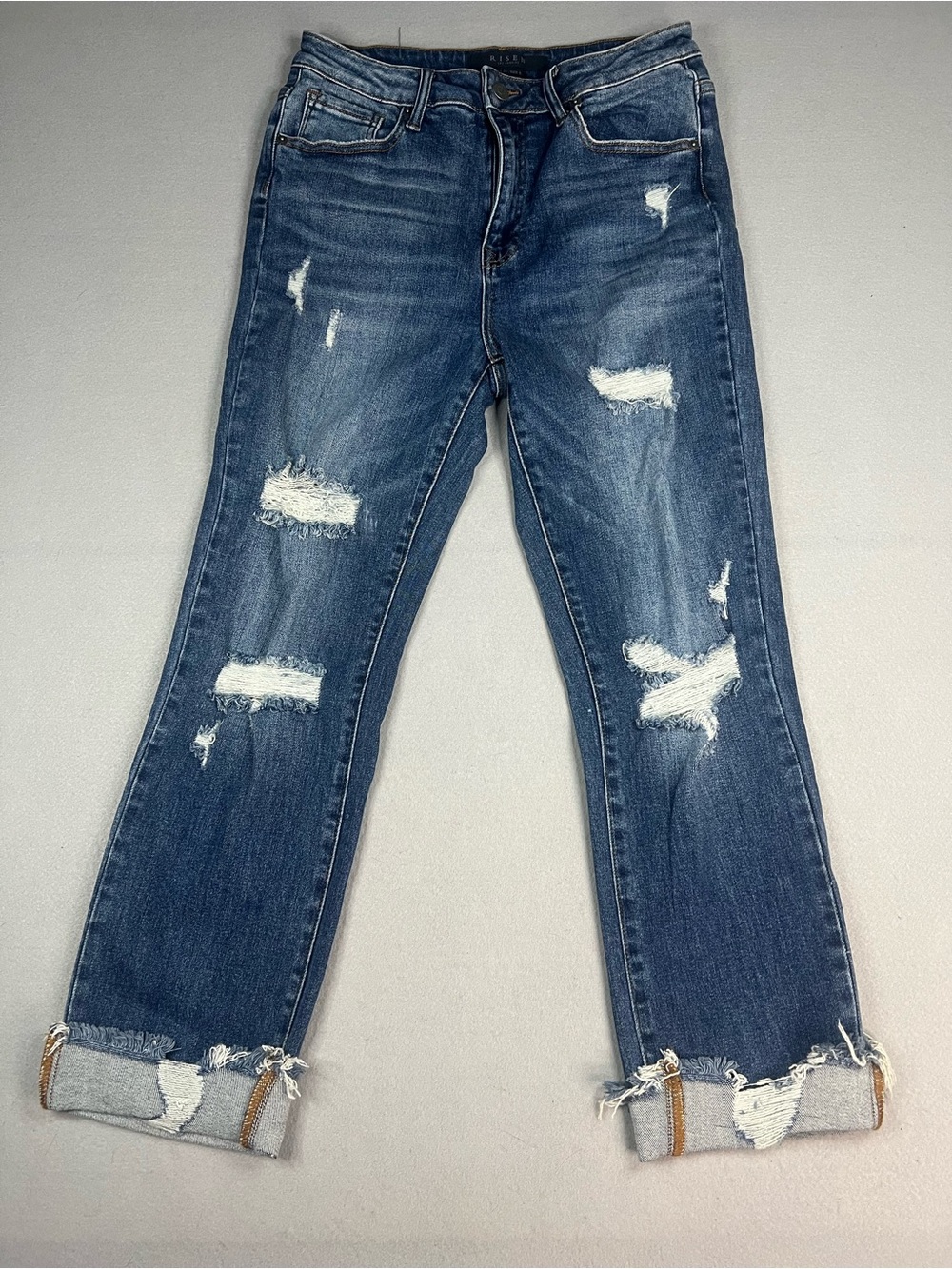 Risen High Waist Distressed Turn Back Cuffs Straight Jeans size 29